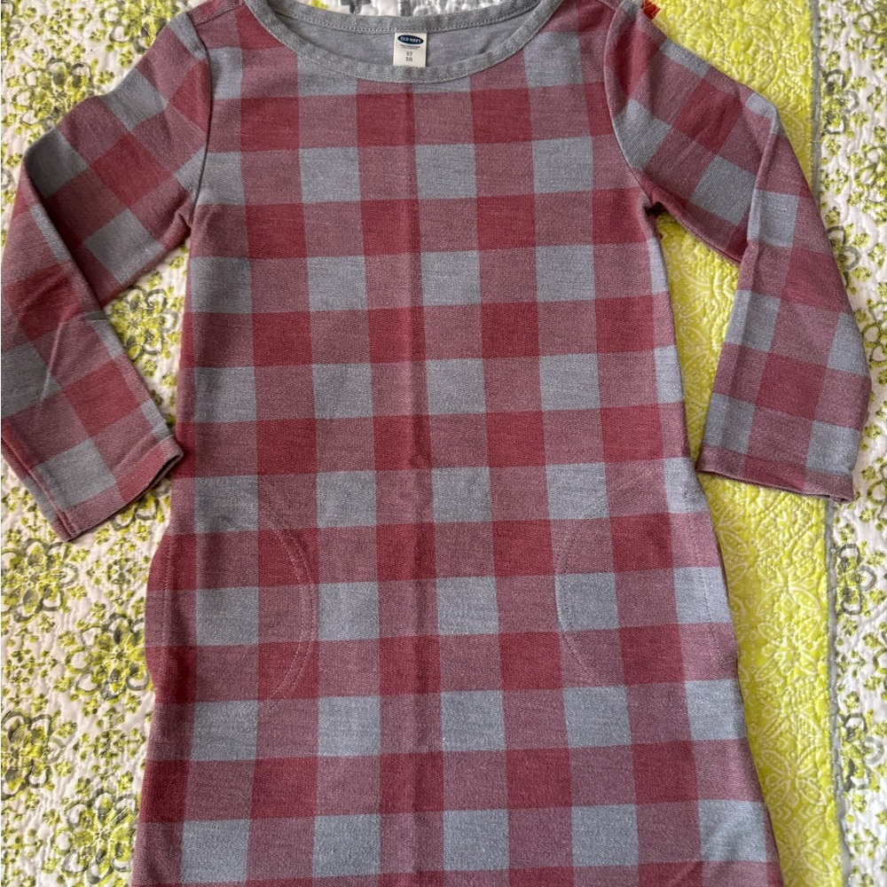 Old Navy Gray & Red Checked Dress with Blue & Gray Checked Fleece Vest - Picture 2 of 5